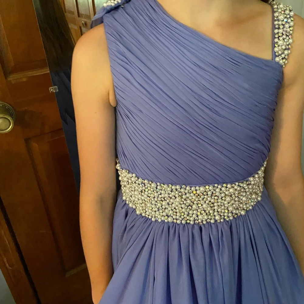 Morgan Jeff Pageant Dress in Periwinkle with Pearl and rhinestone detail - Picture 4 of 9